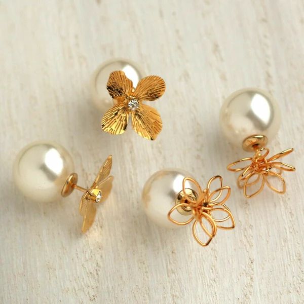 【日本製】金絲線花朵珍珠扣耳環