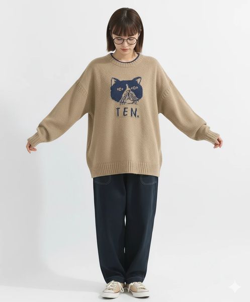 大人氣 Onesize 撞色貓咪針織上衣